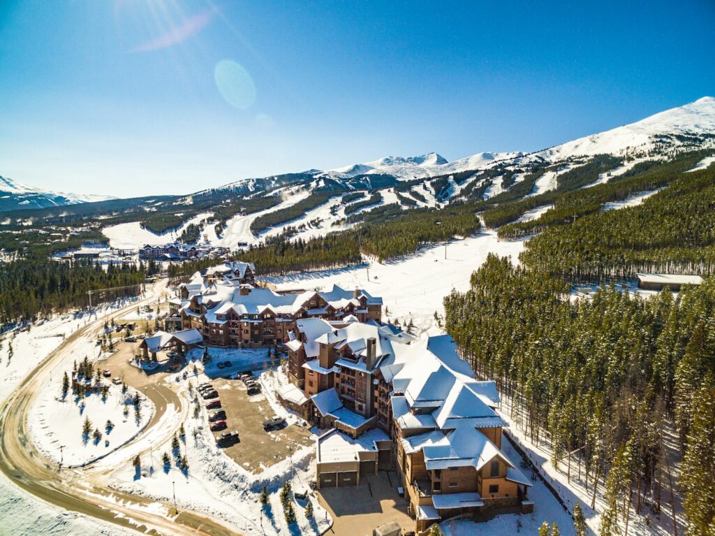 Snow-covered mountain town in winter like Breckenridge, Colorado