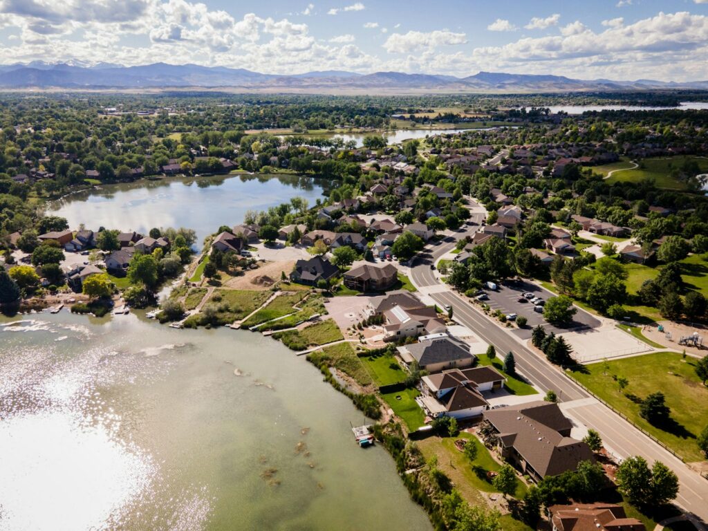 Aerial view of Loveland, Colorado near a lake